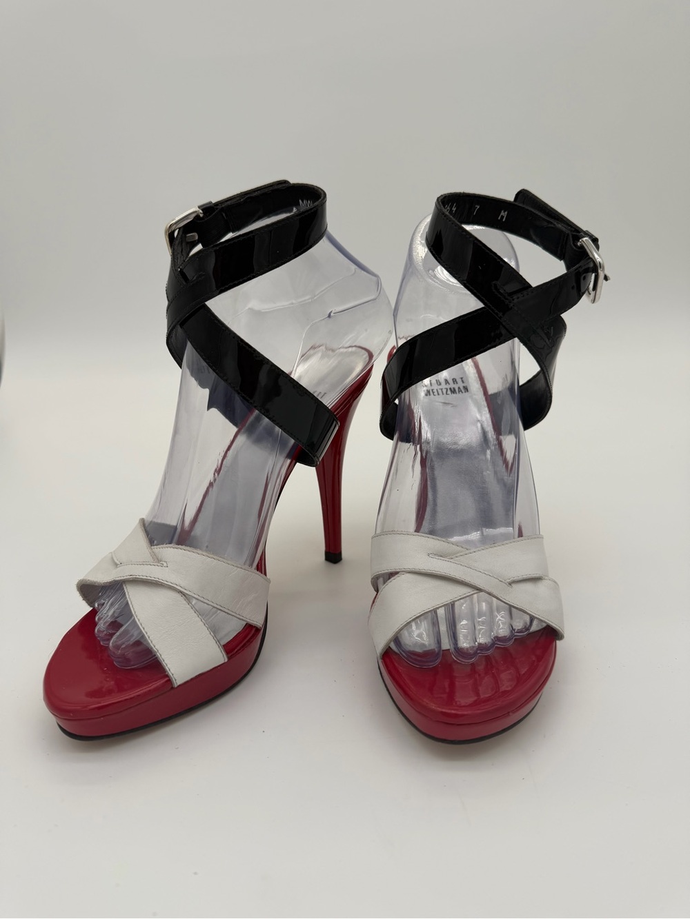 Stuart Weitzman Patent Black & Red Stiletto Sandals with White Cross-Strap sz 7